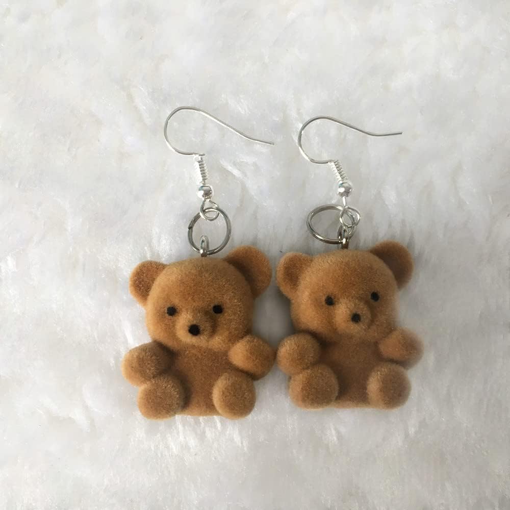 6pairs Brown Flocked Bear Earrings Set,Funny Plush Small Stud Earrings,Animal Earring for Women Ear Studs Jewelry Gifts