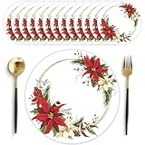 50 Pack Christmas Paper Placemats 13.7 Inch Xmas Poinsettia Disposable Round Place Mats Winter Red Green Table Mats for Holiday Christmas New Years Party Home Dinner Table Setting