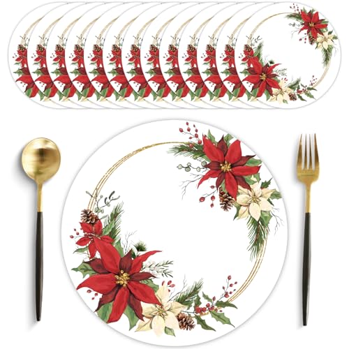 50 Pack Christmas Paper Placemats 13.7 Inch Xmas Poinsettia Disposable Round Place Mats Winter Red Green Table Mats for Holiday Christmas New Years Party Home Dinner Table Setting