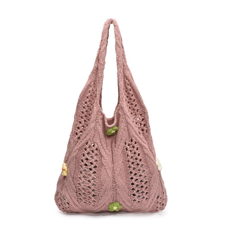 Women Wool Knitting Shoulder Bag with Flower Knitted Tote Handbag Large Capacity Aesthetic Tote Handbag Ladies Daily