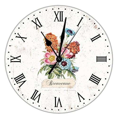 Lily Floral Bienvenue - Reloj de pared redondo de PVC, color lavanda francesa, funciona con pilas, cuarzo silencioso, 12 pulgadas, decoración rústica de granja para el hogar, sala de estar,