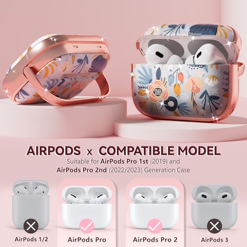 Image of Inesore for AirPods Pro 2nd /1st Case (2023-2019)-Blue Flower | with Safty Lock,Two-Piece Design,with Gold Keychain & Clean Pen,Support Wireless Charging,Cute Luxury Case for Women Girly