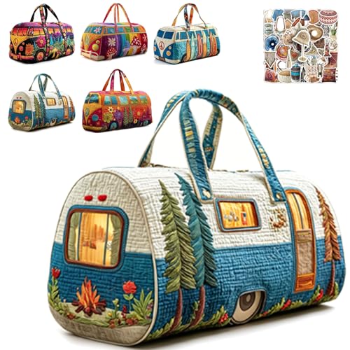 Unisex Boho Quilted Weekender Bag - Large Hippie Van Quilted Duffle Bag with 50 Pcs Boho Art Stickers - Lightweight Hippie Carry-on Luggage for Gym, Yoga, Weekend Trips (#D, 16"x8"x8")