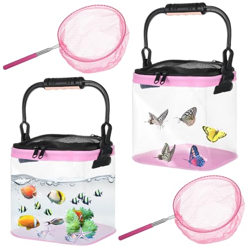 2 Sets Catch Plastic Beach Aquarium Kit Release Aquarium Box for Beach with Retractable Net Bag and Transparent Portable HandheldPink