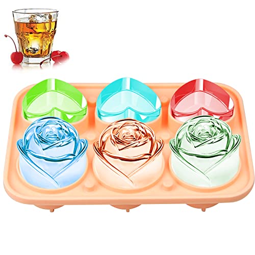 Koomall 3D Rose Ice Molds And Heart Ice Molds, Large Ice Cube Trays, Make 6Giant Cute Flower And Heart Shape Ice,Silicone Rubber Fun Big Ice Ball Maker For Cocktails Juice Whiskey Bourbon Freezer,Pink #TOP22