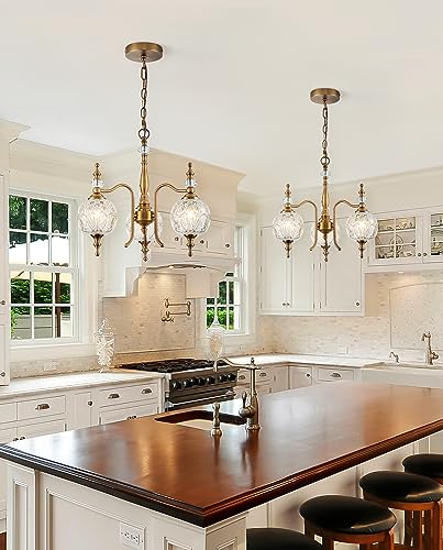Tlolgt Vintage Pendant Light Fixtures, 3-Light Chandeliers For Kitchen Antique Gold Glass Pendant Lighting Matte Brushed Brass Finish With Crystal Glass Shade For Farmhouse Hotel Kitchen Island thumb #5