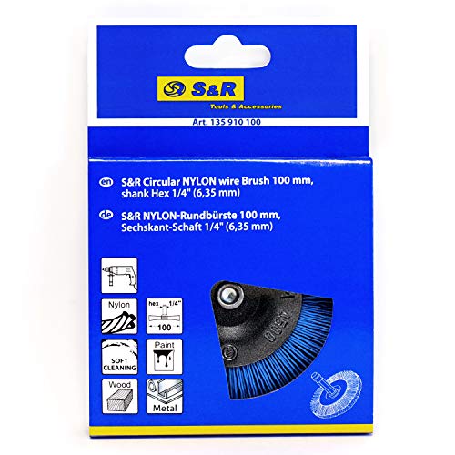S&R Nylon-Scheibenbürste feinkörnig Ø 100mm, Sechskant Schaft 1/4\ (6,35 mm) mit FEINKÖRNIGEM NYLON-DRAHT Nylonbürste fein; Drahtbürste Schleifaufsatz
