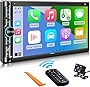 Double Din Car Stereo with Mirror Link for iOS & Android, 7' Full HD Capacitive Touchscreen Carplay, Support Backup/Front Camera, Bluetooth 5.0, Steering Wheel, AM/FM Car Audio Receivers