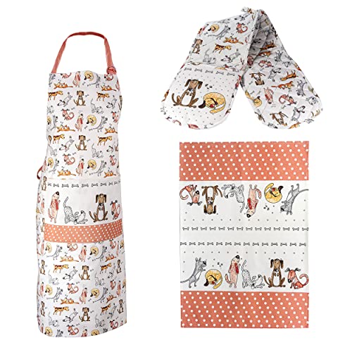 SPOTTED DOG GIFT COMPANY - Set di strofinaccio da cucina, grembiule e guanto da forno doppio - con cani divertenti - resistenti al caldo - idee regalo per uomo, donna e amanti degli animali - cotone