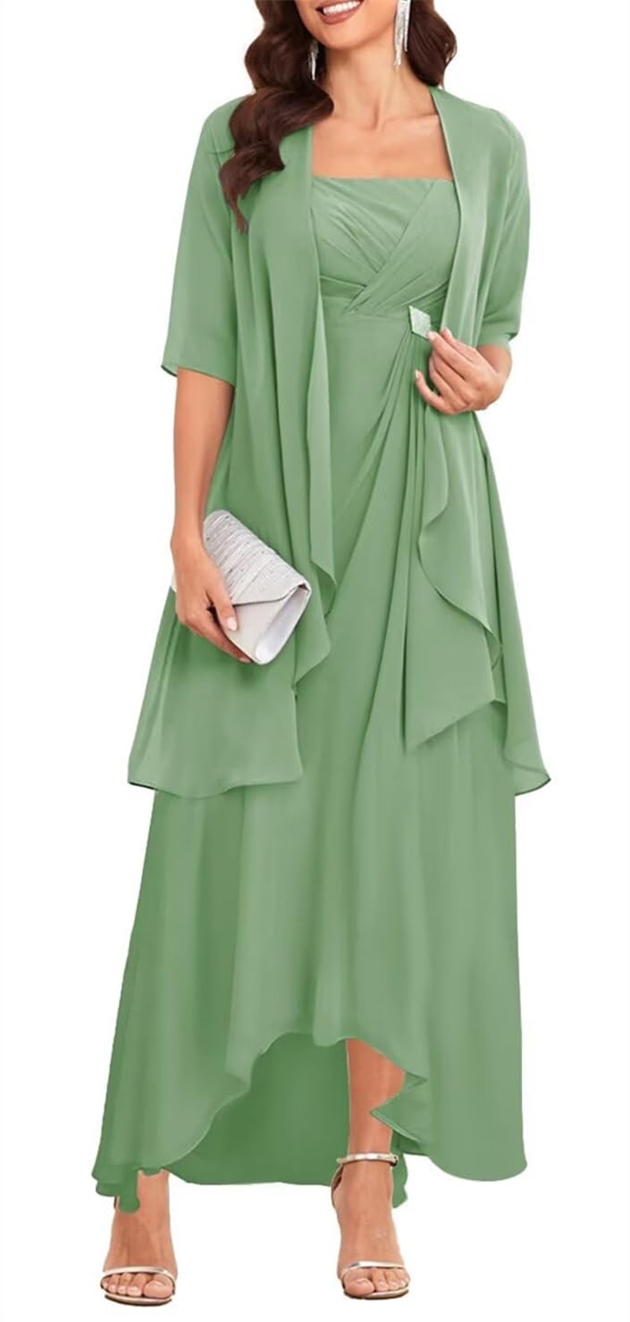 2 Pieces Mother of The Groom Dresses for Wedding Tea Length Mother of Bride Dress Sage Green Formal Gown UK22