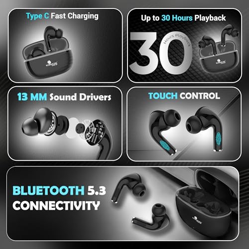 Image of Kratos TW01 Ear Buds Wireless with 30H Playtime with Touch Control, Noise Isolation & Clear Calls, Bluetooth Earbuds with Voice Assistant, Bluetooth V 5.3 & with Type C Fast Charging,TWS Earphones