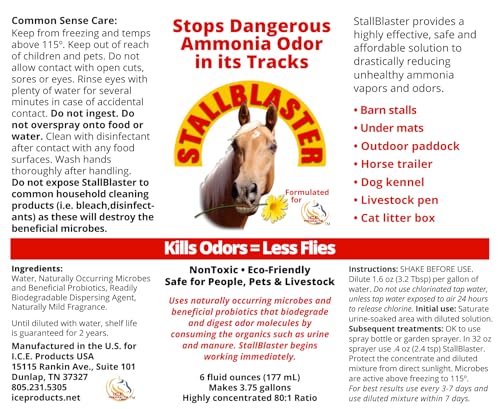 StallBlaster Ammonia Odor Control Solution, 6 Fl Oz 80:1 Concentrate = 3.75 Gallons - Eliminates Dangerous Unhealthy Ammonia Odors/Vapors in Horse Barn, Horse Trailer, Paddock, Livestock Pen - Thumbnail 7