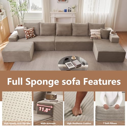 Image of Oversized Modular Sectional Sofa Couch, Large 6 Seater Corner Sofa Modern U Shaped Sectional Couch Cloud Couches for Living Room, Office, Spacious Space, Corduroy, No Assembly Required, Camel