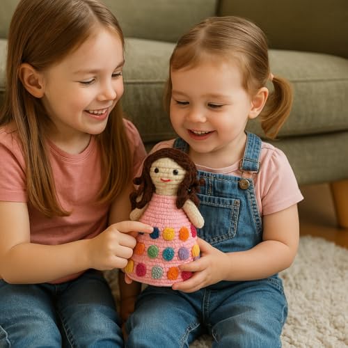 Image of Sutra Handmade Crochet Doll in Pink Rainbow Dress | Wool Amigurumi Soft Toy | Colorful Handmade Gift for Kids, Nursery & Home Decor