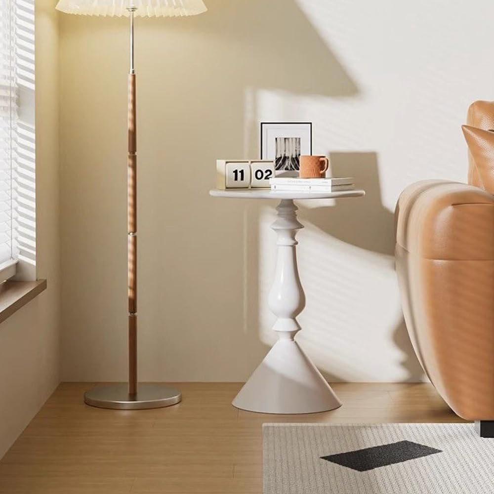 Small Round Pedestal Table, Metal Side End Table Vintage Matte Coffee Drink Cocktail Table Bedside Table for Living Room Corners, Small Spaces, White