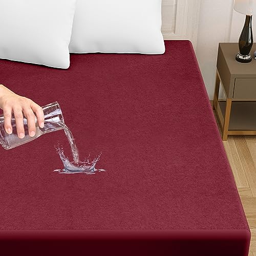 Image of Amigos 100% Waterproof Ultra Soft Cotton Feel Terry Mattress Protector King Size 84 inchx 72 inch | Breathable Hypoallergenic Elastic Fitted Mattresses Cover (84x72, Maroon)