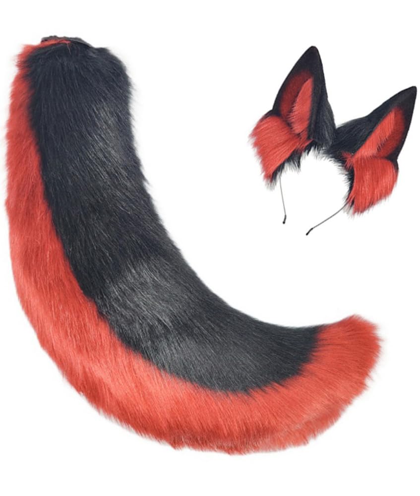 TTYAO REII Faux Fur Wolf Dog Ears and Tail Set Halloween Animal Costume Accessories Plush Fursuit Props for Cosplay Party, Black Red, One size