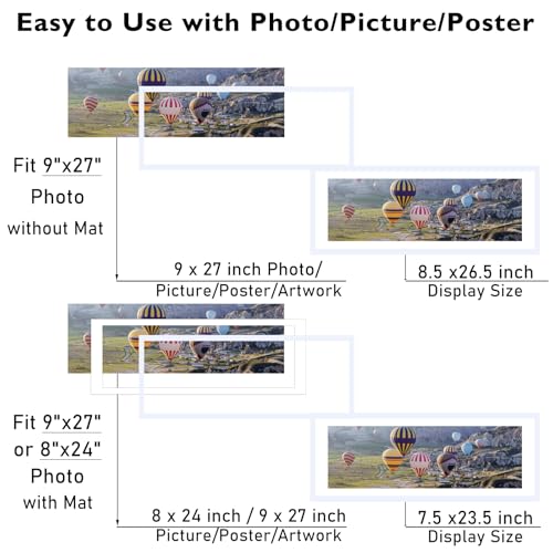 Image of JCJMY 9x27 Picture Frame with 8x24 Mat, Display Photo 8x24 with Mat or 9 x 27 Without Mat, Wall Hanging Large 9 by 27 Poster Frame with Plexiglass, White
