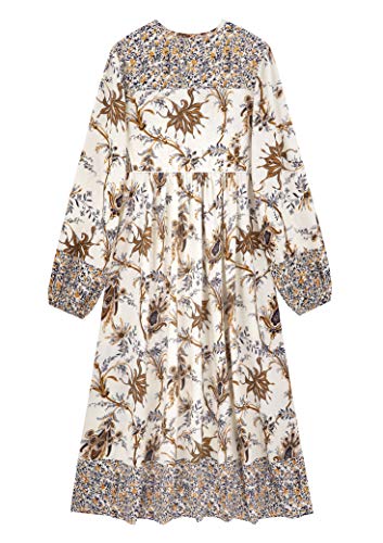 R.Vivimos Women's Long Sleeve Floral Print Retro V Neck Tassel Bohemian Midi Dresses (Large, White)