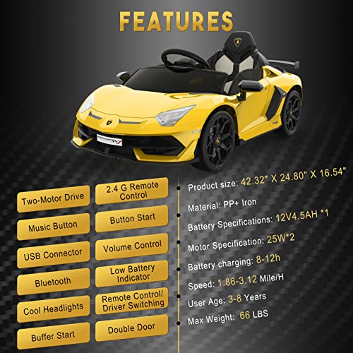Hetoy Ride On Car For Kids 12V Licensed Lamborghini Electric Vehicles Battery Powered Sports Car With Control, 2 Speeds, Sound System, Led Headlights And Hydraulic Doors #TOP5