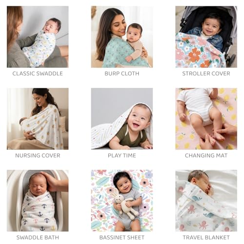 Image of haus & kinder 100% Cotton Muslin Swaddle Wrap for New Born Baby | Pack of 3 (120x120 cm) | Baby Blanket & Swaddles for Newborn | Twinkle Dreams Collection