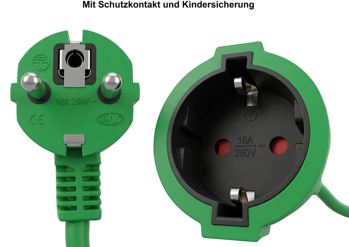 O&W Security 2er Set Verlängerungskabel Schuko 2x20 m – IP44 Innen/Außen, bis 3500 W, 2x1,5 mm², Spezialkunststoff-Ummantelung, grün, für Garten & Werkstatt