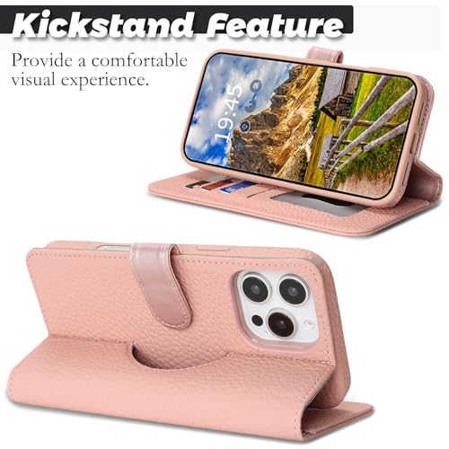 Image of Detachable Genuine Leather Case for iPhone 16 Pro Max Wallet Case Magnetic 2in1 Removable Flip Cover Book Purse Compatible with Magsafe Charging Kickstand Card Holder-Pink