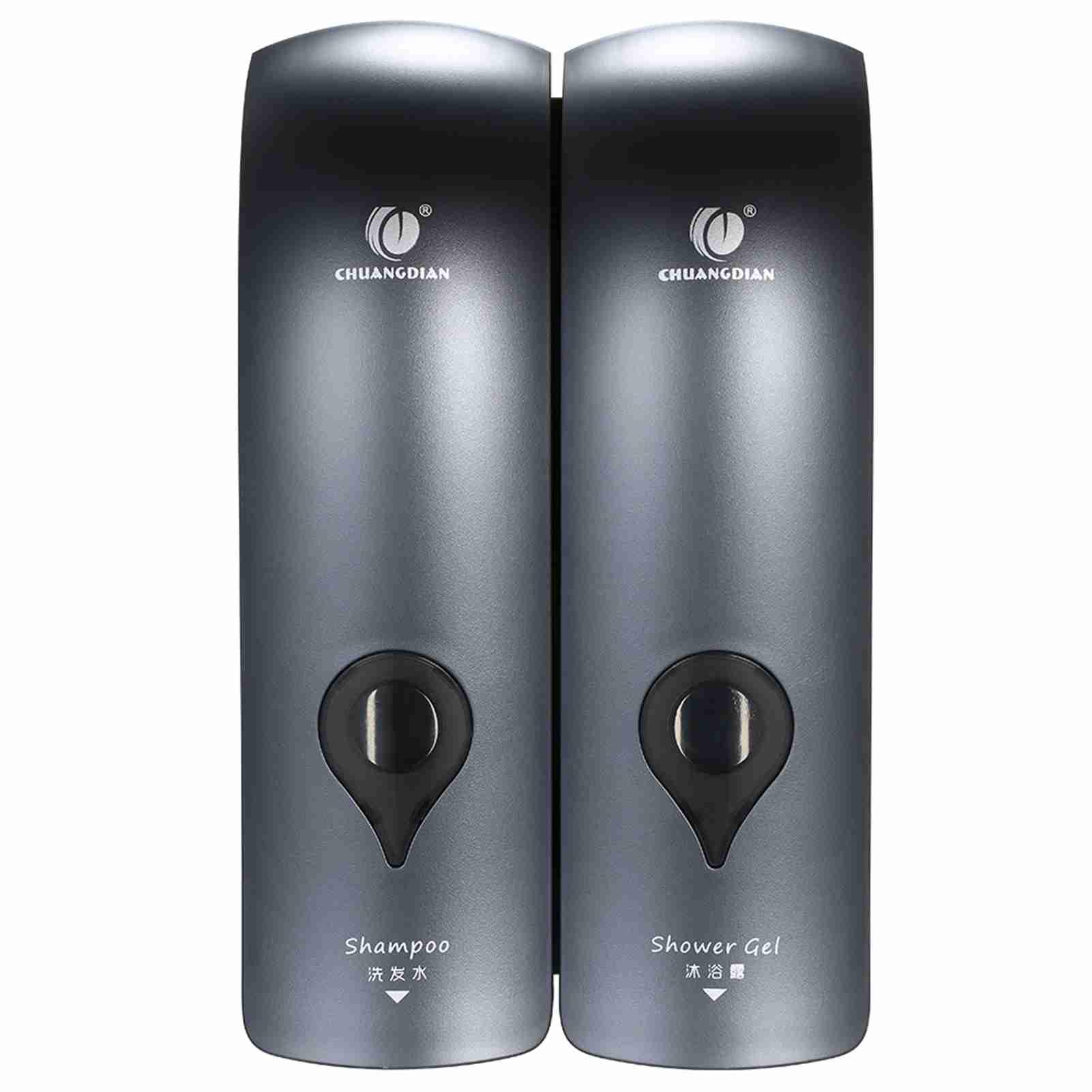 Dispenser di Sapone Fissaggio a Parete, Ricaricabile Parete a Doppia Testa, Senza Fori, Dispenser Manuale per Sapone da Bagno, Gel Doccia,Liquido Shampoo(300 ml × 2)