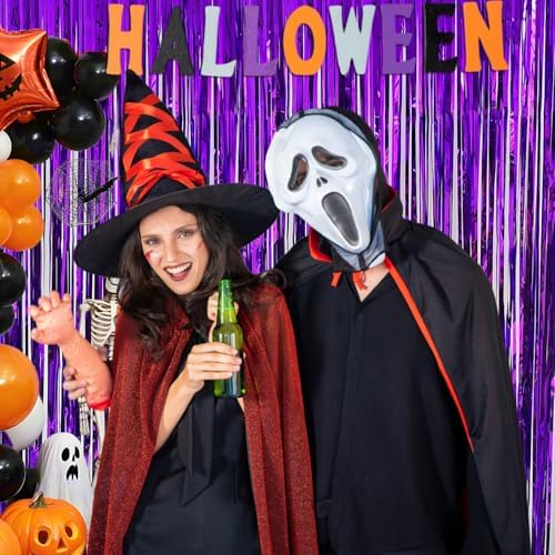 Purple Backdrop Party Decorations 3.3x8.2ft, 2 Pack Foil Fringe Curtains Door Streamers for Easter Decor, Purple Tinsel Backdrop for Demon Hunters Birthday Graduation Baby Shower Halloween Christmas