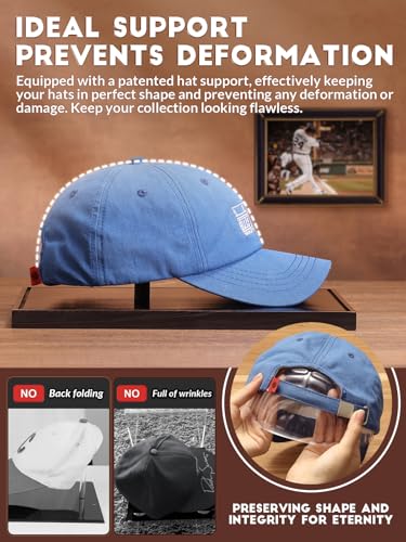 Image of JupDec Hat Display Case, Clear Acrylic Baseball Cap Display Box Stand, UV Protection Signed Hat Transparent Showcase with Solid Wood Base Risers & Hat Shaper, Ideal Gift for Caps Collector, Black