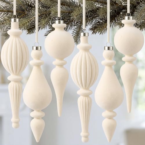 Jetec 6 Pcs Cream Velvet Christmas Finial Ornament Flocked Xmas Tree Hanging Decoration Plastic Velvet Christmas Ornaments with 3 Styles for Xmas Tree Home Party Decoration