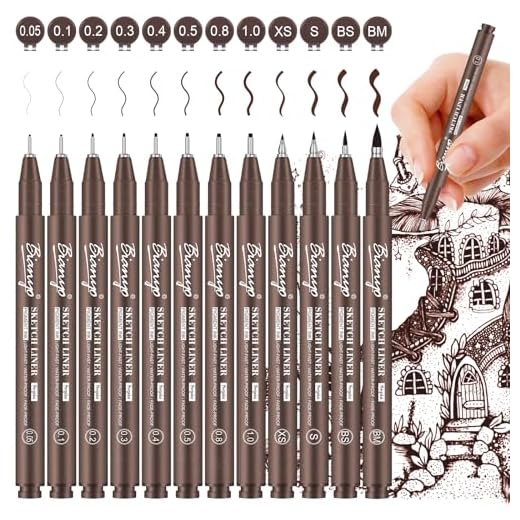 Bianyo Sepia Pigment Ink Micro-Pen Fineliners, 9 Assorted Sizes with a Zipper Pouch, Water-Resistant Archival Ink Pens for Drawing, Sketching, Bullet journaling, Note-taking, Accounting, Handwriting