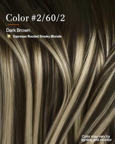 Image of Full Shine Seamless Hair Extensions Clip in 14 Inch Brown Balayage Clip in Hair Extensions Straight Dark Brown Balayage Platinum Blonde Hair Softness 8 Pcs 120g