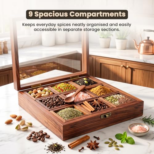 Image of Wooden Spice Box for Kitchen | Sheesham Wood Masala Dabba with 9 Containers | Spice Organizer with Glass Lid, Safety Lock & Wooden Spoon | Masala Dani /Namak Dani Storage Box for Home & Kitchen