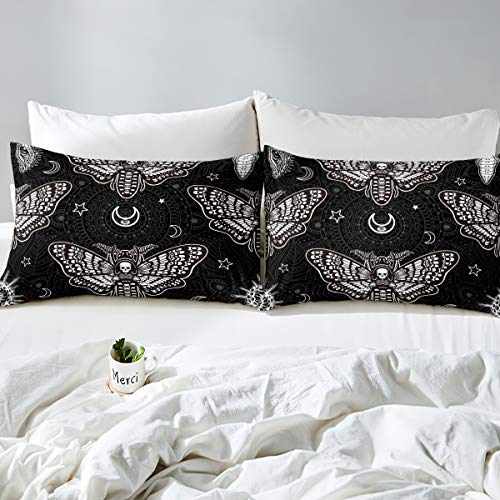 Butterfly Bedding Set King,Gothic Skull Comforter Cover Death Moth Duvet Cover,Skeleton Bones Bedspread Cover For Adult Boys Girls,Boho Mandala Bedding Moon Star Quilt Cover Kids Halloween Decor #TOP4