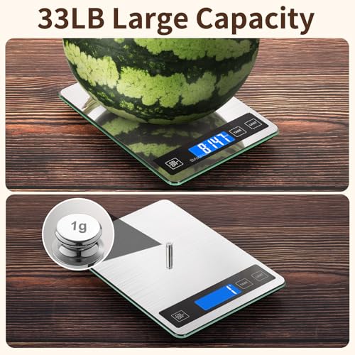 BAKFEE Food Scale, 33lb Digital Kitchen Scale with Stainless Steel & Tempered Glass, USB Rechargeable, 1g / 0.1oz Precise Graduation with Grams and Ounces, for Cooking, Baking, Weight Loss, Meal Prep