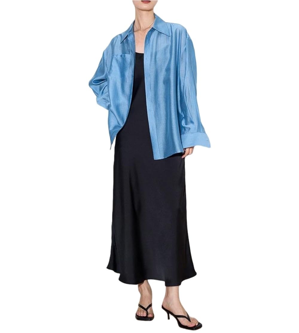 Chemise Femme Chic,Chemisier Femme Chemises À Manches Longues Bleu Chemise Boutonnée À Revers Léger Voir À Travers La Dissimulation Avec Poche Cardigan Élégant Kimono Chemise De Travail Veste