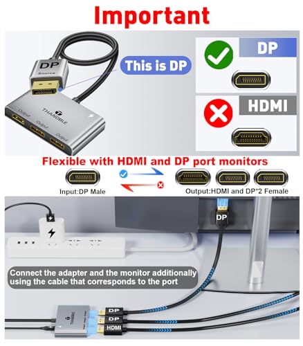 Image of DisplayPort to Dual DisplayPort with HDMI Adapter 4K@60Hz, Extended Display 1 in 3 Out MST Hub for Multiple Monitors Compatible with PC,NVIDIA /AMD Graphics Card