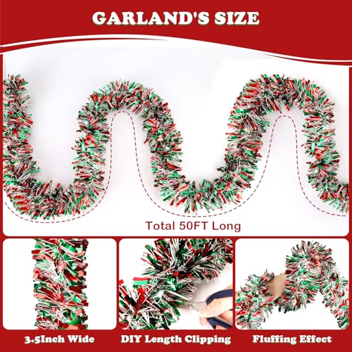 Image of 50FT Christmas Tinsel Garland, Red Green&White Metallic Twist Shiny Hanging Garland Ornaments for Christmas Tree, Party Supplies Thick Metallic Xmas Streamers