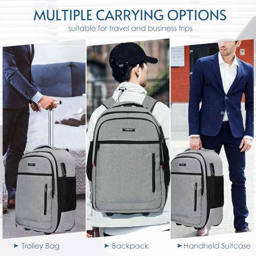 lychee Concealable Rolling Backpack-Adult Business Laptop Backpack with Wheels-20 inch Invisible Shoulder Strap Waterproof Backpack with Roller-Suitcase Travel Bag,Grey4