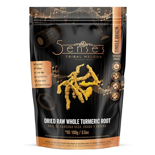 5Senses Dried Whole Turmeric Root | Curcuma | Tribal Melody | Single Origin, Non-GMO, Fairtrade | Whole Turmeric Root | Vegan | Gluten Free | Sun Dried | Indian Spice (3.5oz/100g)