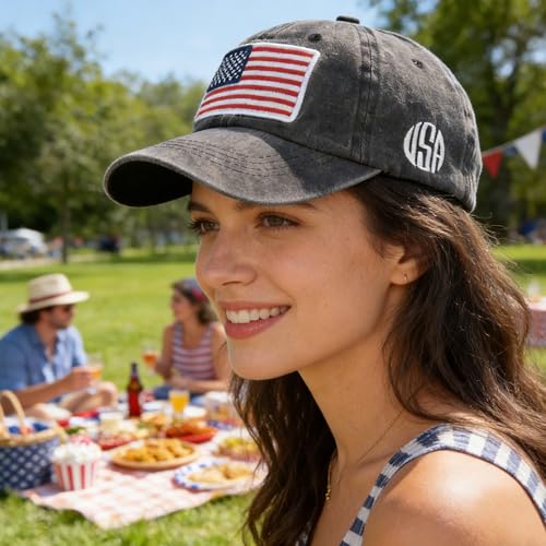 Image of IZUS Women USA-Flag Baseball-Cap American Patriotic Baseball Hats Men's Distressed-Cotton Dad-Hat for Adult Teens
