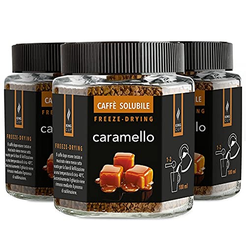 King Cup - 3 Tarros de 50gr cada uno de Café Soluble con Caramelo, Café Instantáneo Sabor a Caramelo con Extra Solubilidad, Ideal para Desayuno, Brunch, Café Helado, Sin Gluten, Vegano