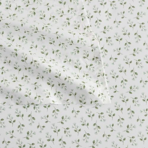 Image of Martha Stewart - Full Size Sheet Set, Crisp & Tailored Bedding with a Smooth Cotton Percale Feel, Deep Pocket, Bed Sheets with Matching Pillowcases & Fitted Sheet (Kennedy Floral Green)