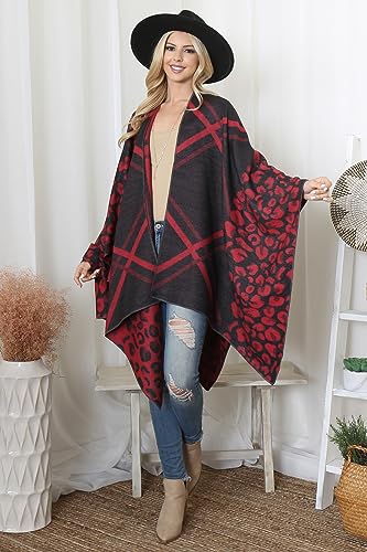 RIAH FASHION Classic Soft Knit Poncho Shawl Wrap - Winter Warm Fringe Tassel, V-Neck Stripe Pullover Animal Print2
