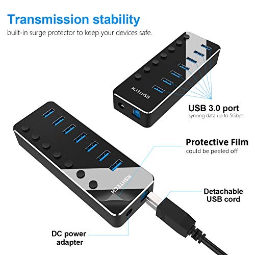 RSHTECH USB Hub 3.0 met 10 W (5V / 2A) Voeding, Aluminium 7-Poorts USB 3.0 Hub, USB 3.0-Poorts Verdeler voor Opladen en Gegevensoverdracht, met LED-Indicator en Individuele Schakelaar (RSH-518-2) - Afbeelding 7
