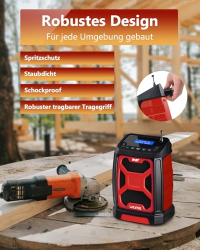 Baustellenradio Mit Akku Aufladbar, Tragbares DAB Plus/FM Radio Mit Bluetooth Lautsprecher, Radiowecker, Starkem Empfang(Rot)