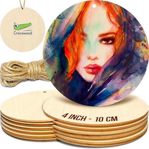 12 Unfinished Circle Craft Set - 10cm Round Wooden Discs - Pyrography Wood Circles for Crafts & Xmas Decorations - Blank Wooden Rounds