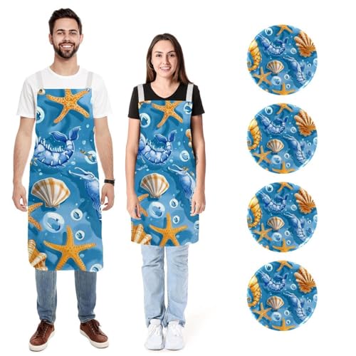 Tabliers de cuisine imperméables à motif coquillages et étoiles de mer avec poches