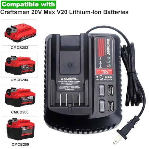 Image of V20 Battery Fast Charger CMCB104 Replacement for Craftsman V20 20V max Lithium Battery Charger for CMCB201 CMCB202 CMCB204 CMCB205 CMCB206, with 2 USB Ports